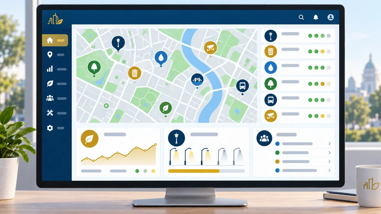 Ilustračný dashboard pre majetok, energiu, IoT, osvetlenie a udalosti