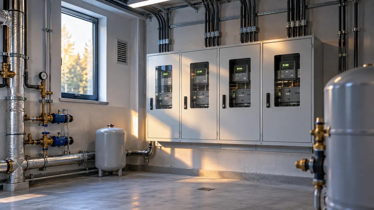 Uzatvorené skrine s meradlami energií a vody